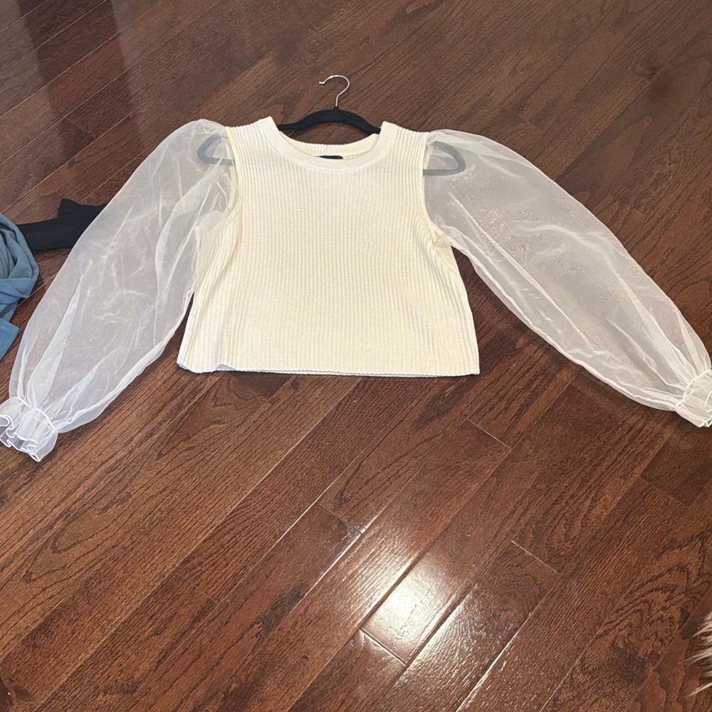 MAJORELLE Cream Ribbed Top with Sheer Puff Sleeves